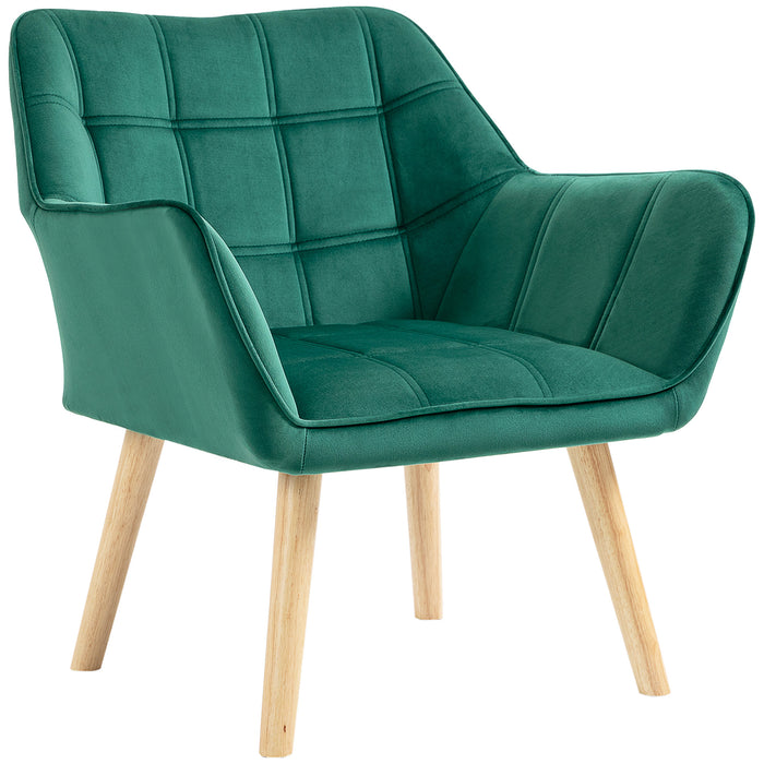 Accent Armchair with Wide Arms - Green Living Room Chair with Slanted Back & Thick Cushioning - Comfortable Seating with Sturdy Rubberwood Legs