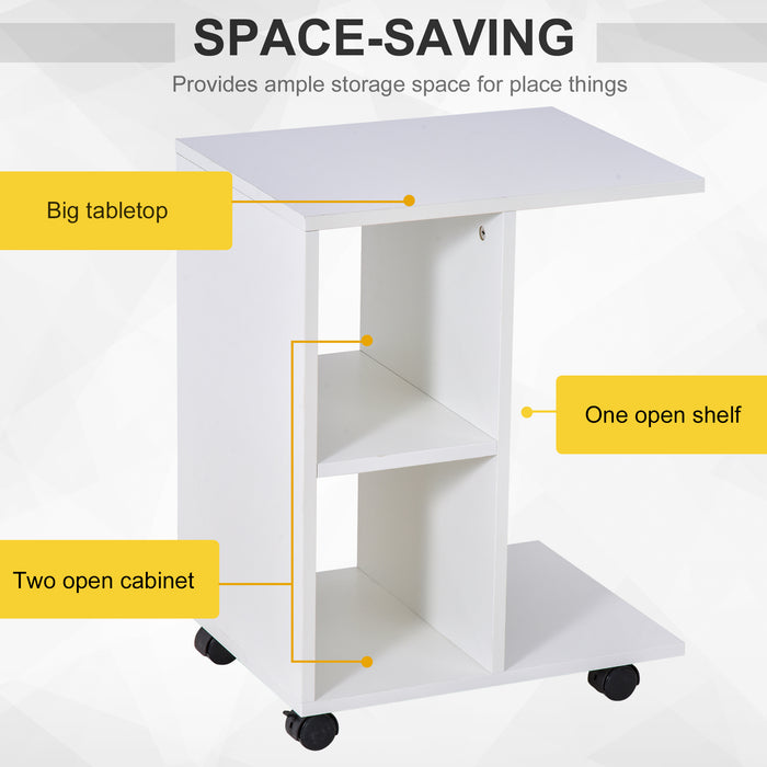 C-Shape Side Table with Storage - Freestanding End Table with 2 Shelves and 4 Wheels - Ideal for Home Office, Studio Organization in White