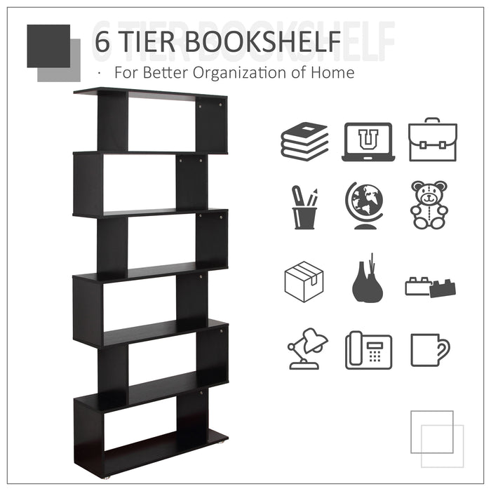 S Shape 6-Tier Wooden Bookshelf - Open Concept Bookcase Storage and Display Unit, Black - Ideal for Home Office and Living Room Organization