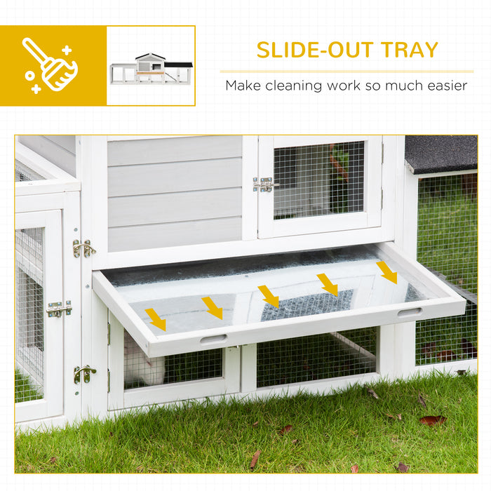 2 Tier Wooden Rabbit Hutch - Small Pet House with Pull Out Tray, Ramps, Lockable Doors, Large Run Area, and Asphalt Roof - Ideal for Bunny Outdoor Shelter and Safety in Grey