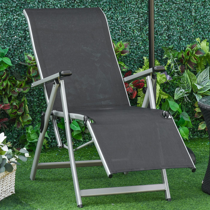 Adjustable Outdoor Sun Lounger - 10-Position Folding Recliner with Footrest, Black and Grey - Ideal for Patio and Garden Relaxation