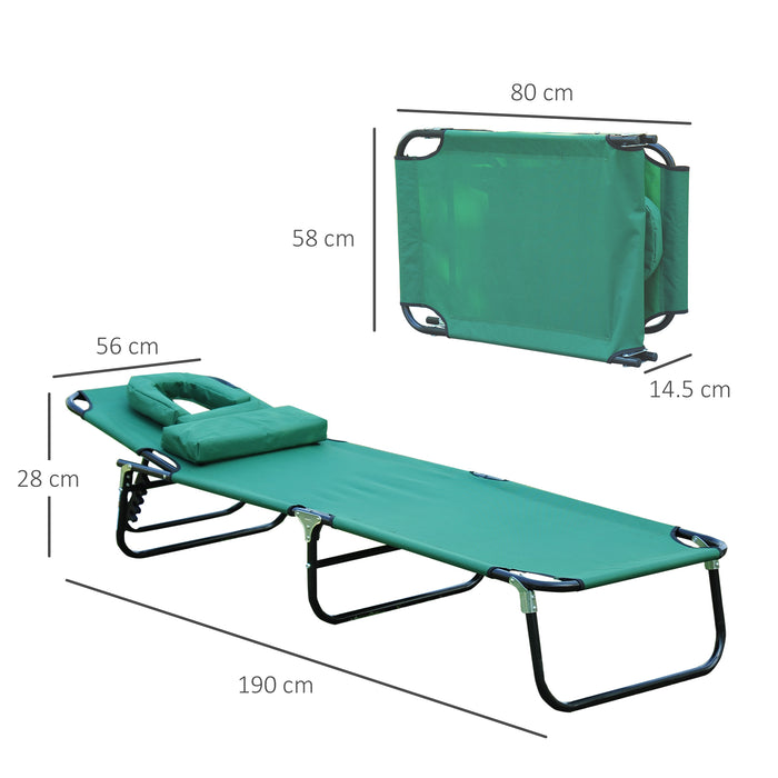 Foldable Sun Lounger with Adjustable Backrest - Comfortable Reclining Chair with Pillow & Reading Hole for Outdoors - Ideal for Garden, Beach Relaxation in Dark Green