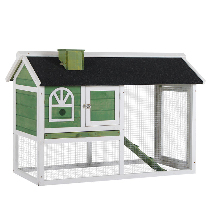 Outdoor Indoor Wooden Rabbit Hutch - Bunny Cage with Pull Out Tray, Run Box, Ramp, & Asphalt Roof - Ideal for Small Animals, Pet Safe Shelter in Green