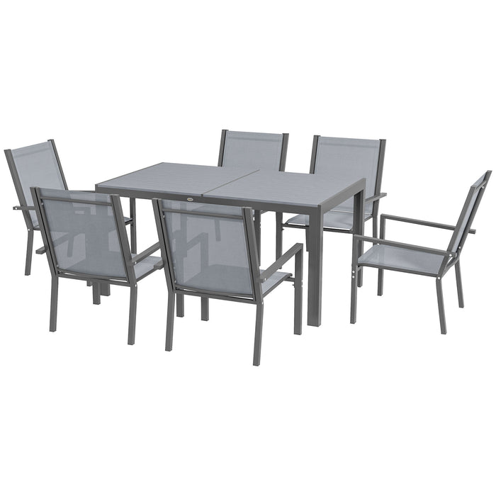 7-Piece Garden Dining Set - Wood-Plastic Composite Table, Stackable Chairs with Breathable Mesh Fabric - Ideal for Patio and Outdoor Entertaining