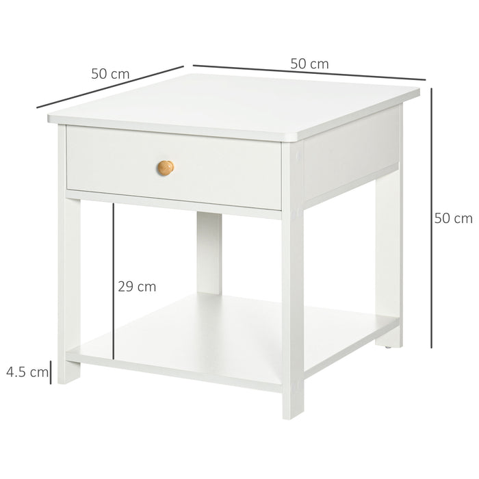 Square Bedside Table with Drawer - Elegant White Side End Table Set with Bottom Shelf for Storage - Ideal for Bedroom and Living Room Decor, Pack of 2