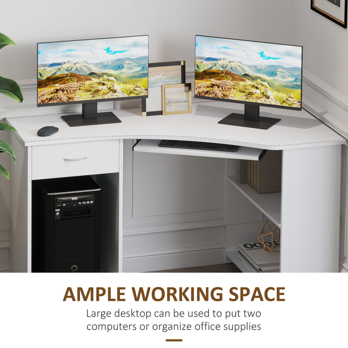 L-Shaped Desk with Keyboard Tray and CPU Stand - White Corner Computer Desk with 2 Shelves & Drawer for Work and Study - Ideal for Home Office and Bedroom Use