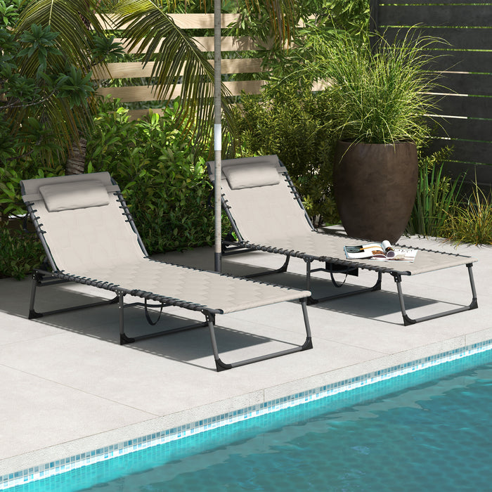 Foldable Sun Lounger Set with 5-Level Back Recline - Padded Seat Outdoor Tanning Chairs with Side Pocket & Headrest - Ideal for Beach, Yard, Patio Relaxation in Khaki