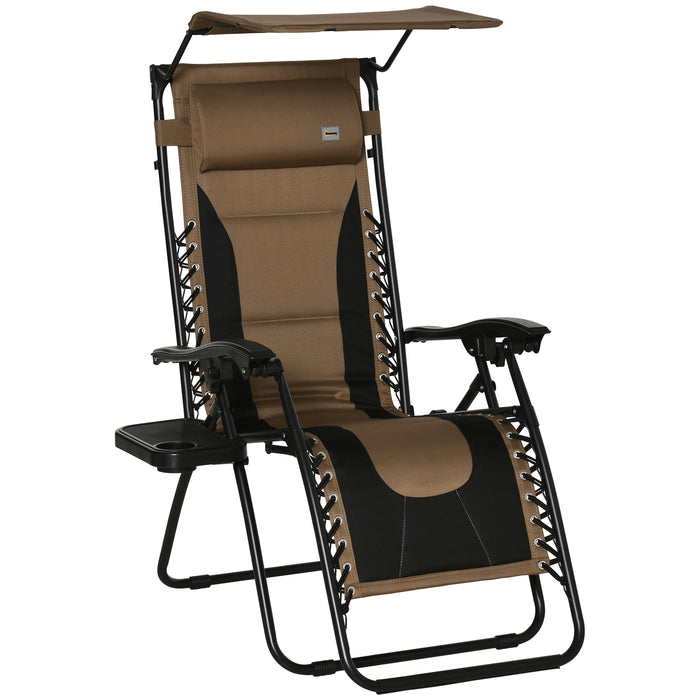 Zero Gravity Recliner - Foldable Patio Lounger with Sunshade, Drink Holder & Pillow - Perfect for Poolside Relaxation and Camping, in Earthy Brown