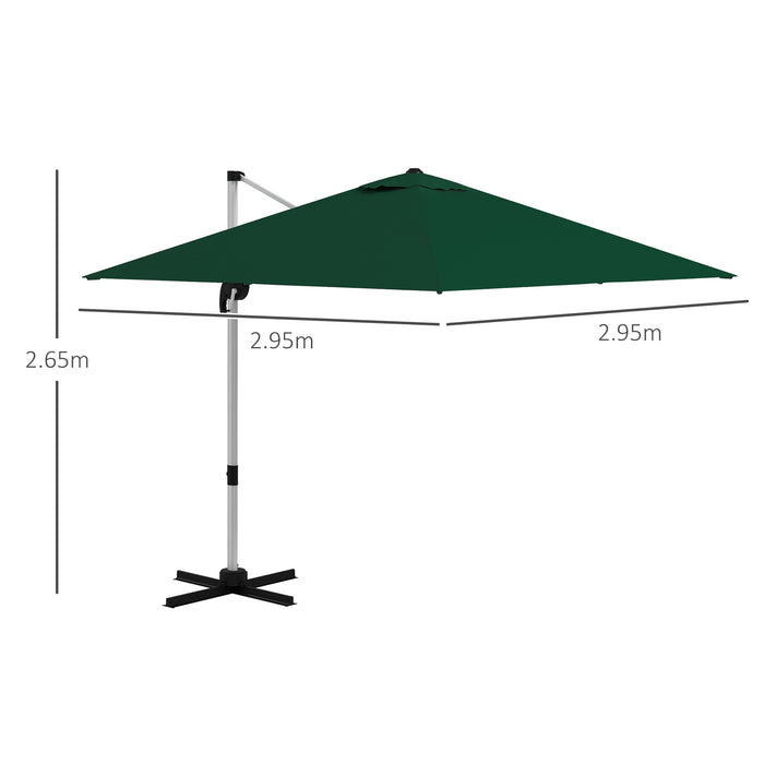 Cantilever Parasol 3x3m with Cross Base - Green Square Umbrella with Crank Handle, Tilt, and 360° Rotation - Durable Aluminium Frame for Outdoor Shade and Comfort