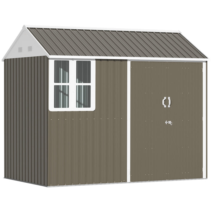 Metal Garden Storage Shed 8x6ft with Corrugated Roof - Lockable Double Door Tool Box with Window, Grey - Ideal for Patio Equipment and Tool Organization