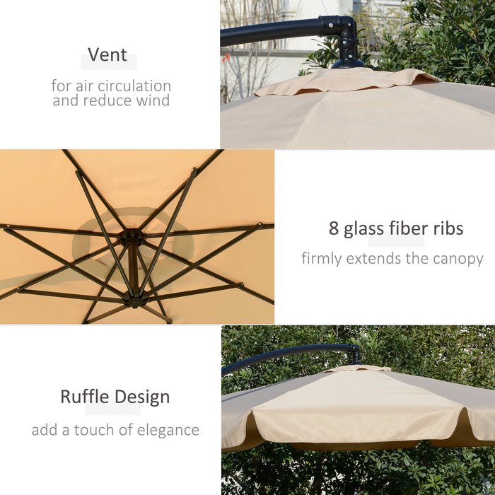 Cantilever Banana Parasol 2.7m - Outdoor Sun Umbrella with Crank Handle, Cross Base, in Light Brown - Ideal Hanging Sunshade for Patio, Garden, Poolside