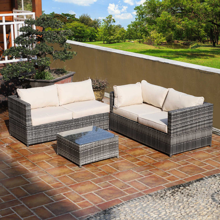 Outdoor Rattan Corner Sofa Set with Coffee Table - 4-Seater Patio Furniture with Thick Beige Cushions - Ideal for Garden Entertaining and Relaxation