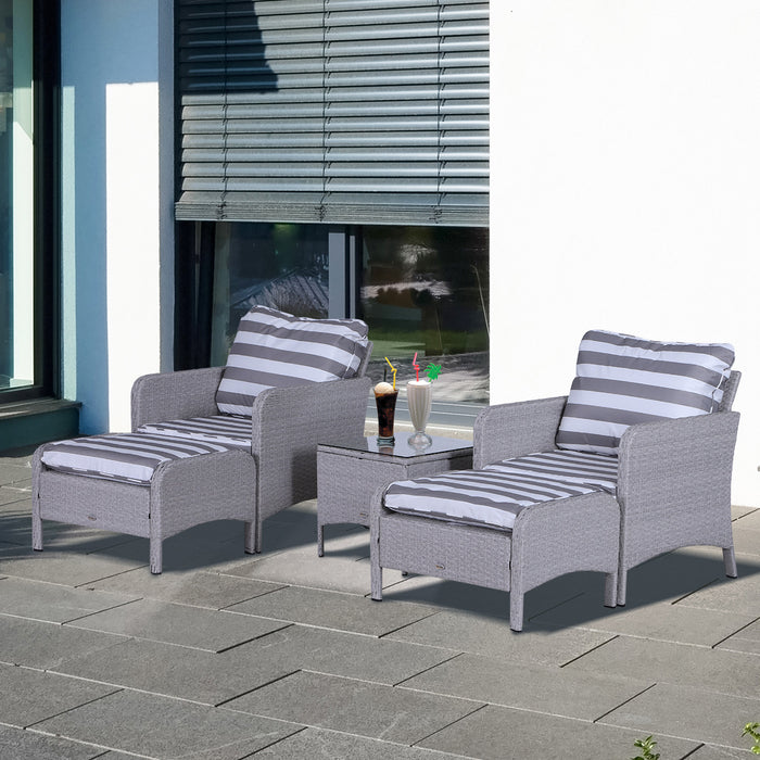 2 Seater PE Rattan Garden Set - Armchairs, Stools & Glass Top Table with Cushions, Wicker Weave - Elegant Outdoor Seating Solution for Couples