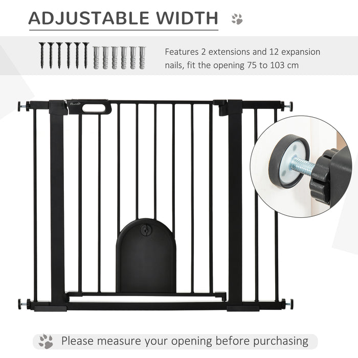 Extra Wide 75-103 cm Pet Safety Gate with Small Door - Pressure Fit Stair Barrier, Auto Close, Double Locking, Ideal for Doorways and Hallways - Child & Pet Proofing in a Sleek Black Design