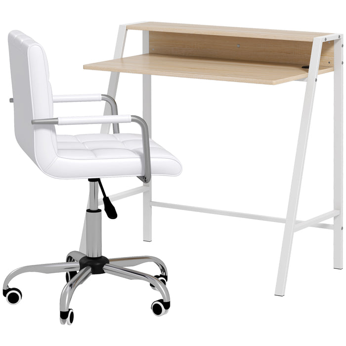 Elegant White Home Office Suite - Swivel Wheeled Faux Leather Chair & Storage Shelf Study Desk - Ideal for Remote Working and Comfortable Studying