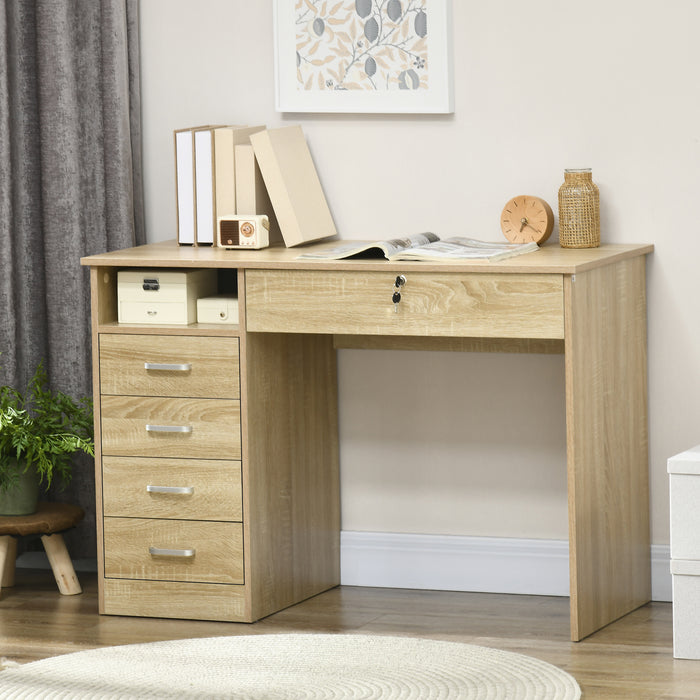Oak-Finished Computer Desk - Home Office Workstation with Lockable Drawer and Storage Shelf - Ideal for Study and Bedroom Use