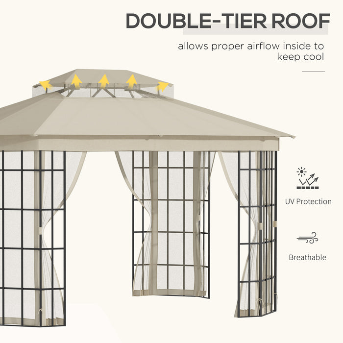 Patio Gazebo Canopy 3.7 x 3m - Outdoor Garden Tent with Double Tier Roof & Mosquito Netting, Sturdy Metal Frame in Beige - Ideal for Backyard Shade and Bug Protection