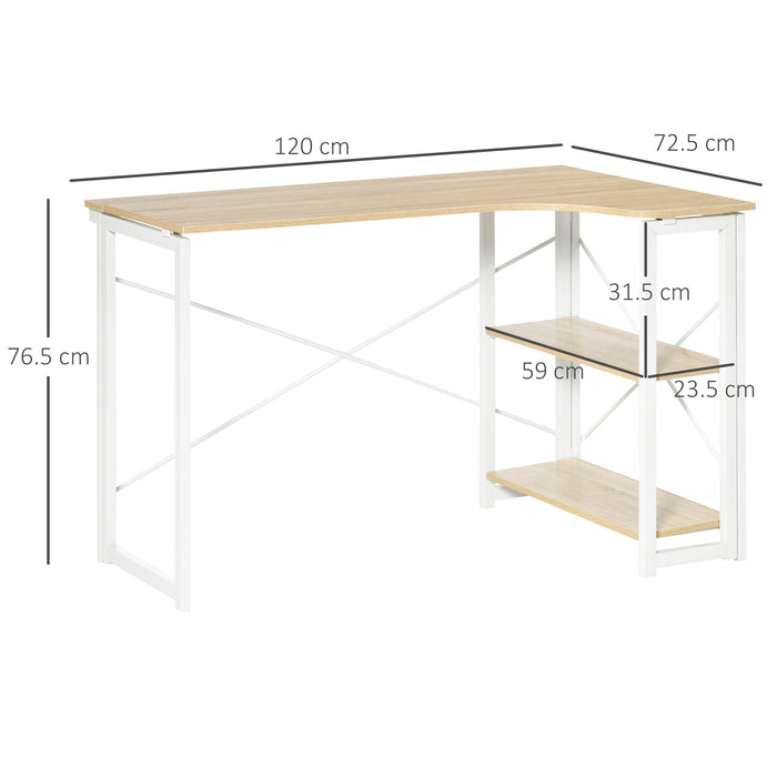 L-Shaped Folding Desk - Oak-Toned Home Office Corner Workstation with Storage Shelves - Space-Saving Study Table for Students & Professionals