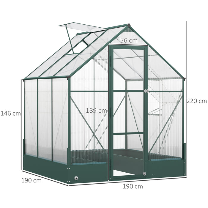 Aluminium Frame Walk-in Greenhouse - 6x6 ft with Polycarbonate Panels, Adjustable Temperature Window & Plant Bed - Ideal for Gardeners and Plant Cultivation