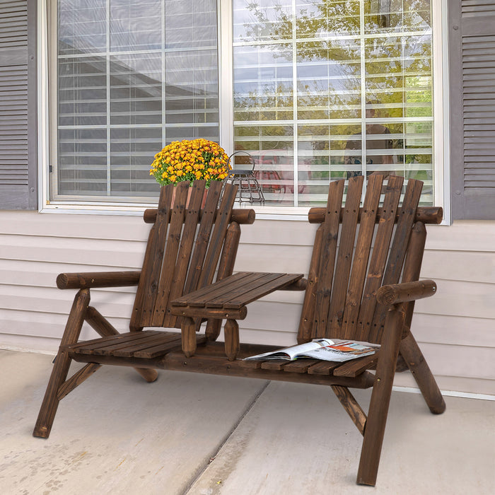 Outdoor Wooden Loveseat Bench - 2-Seat Patio Chair with Integrated Center Coffee Table, Carbonized Finish - Ideal for Garden Relaxation & Backyard Lounging