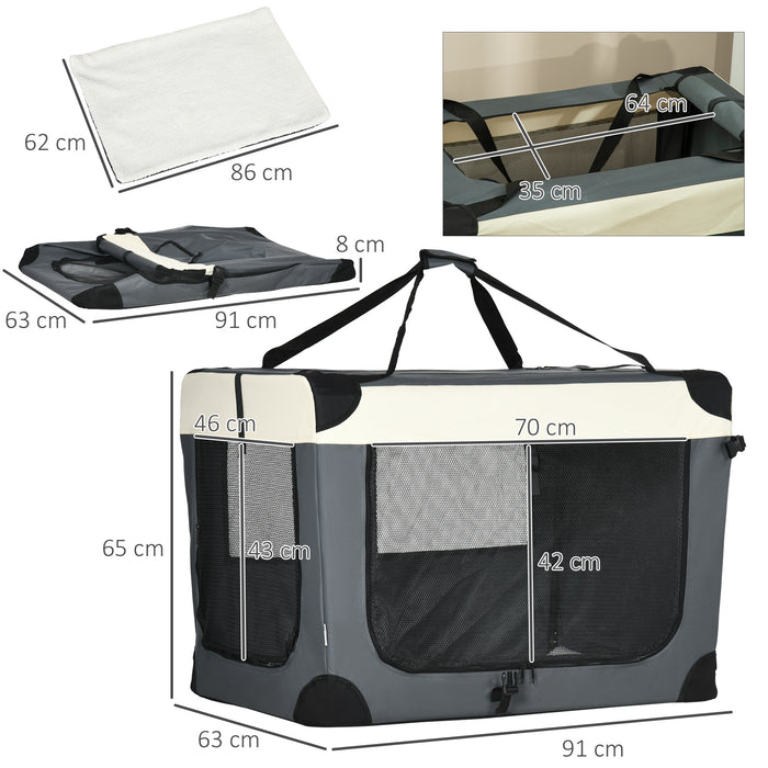 Foldable 91cm Pet Transport Crate with Cushion - Large Dog and Cat Carrier in Grey - Convenient Travel Solution for Pets