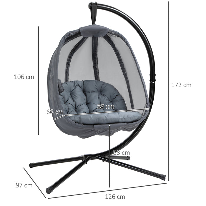 Folding Hanging Egg Chair with Stand - Grey Swing Hammock with Cushion for Patio and Garden - Ideal for Indoor/Outdoor Relaxation and Comfort