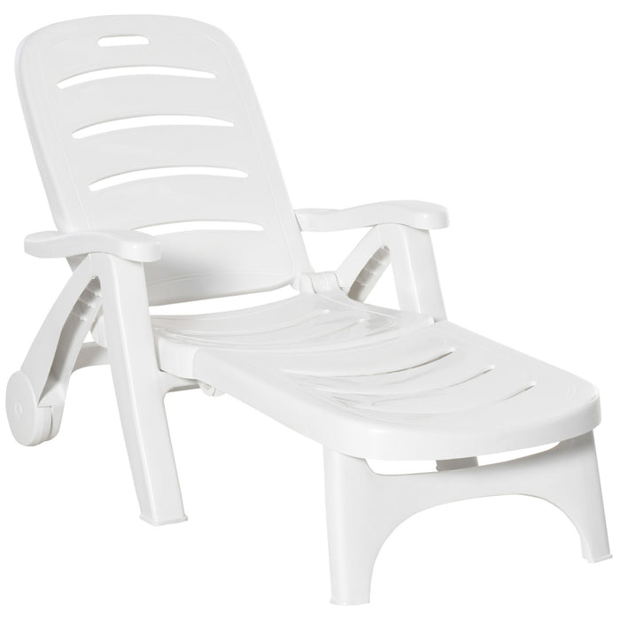 Outdoor Plastic Chaise Lounge with Wheels - Patio Sun Recliner with 5-Position Adjustable Backrest - Perfect for Garden, Beach, Pool Use in White