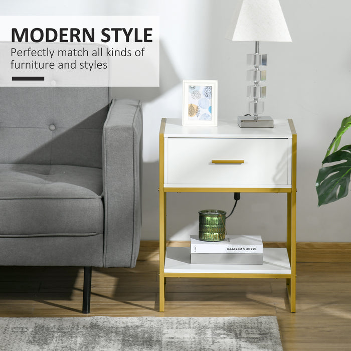 Modern White and Gold Bedside Table with Drawer - Elegant Cabinet with Shelf for Storage Organization - Ideal for Bedroom and Living Room Spaces