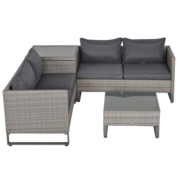 4-Seater PE Rattan Sofa Set - Wicker Garden Patio Furniture with Coffee Table and Side Storage Box, Cushions Included - Ideal for Outdoor Conservatory Spaces, Grey