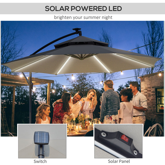 Cantilever Banana Parasol with Solar LED Lights - Outdoor Double-Roof Hanging Umbrella, Crank System, 8 Rib Support - Ideal for Garden & Patio Shade