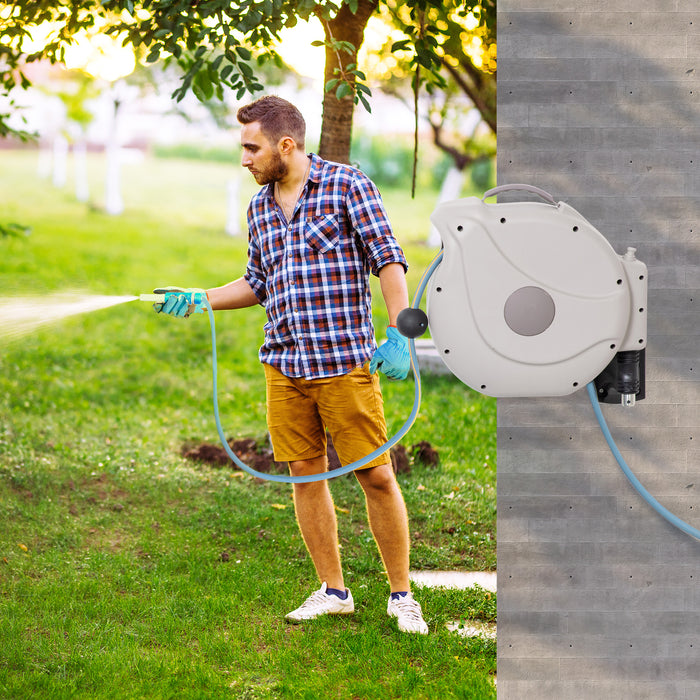 Auto-Locking Retractable Hose Reel with 10m+1.6m Range - Features Slow Return System & 180° Swivel Wall Mount - Ideal for Easy Garden & Workshop Watering Tasks