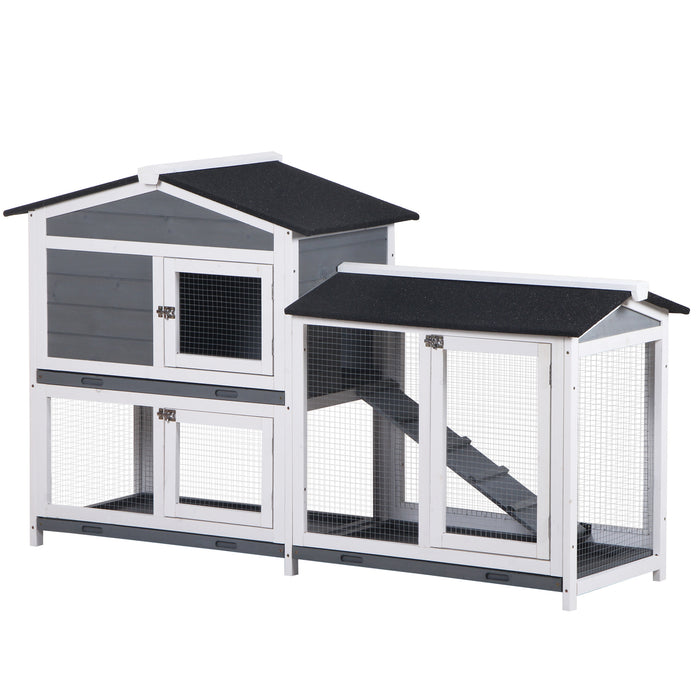 2-Tier Wooden Rabbit Hutch with Ramp - Grey, Pull-Out Tray for Easy Cleaning - Ideal Outdoor Shelter for Pet Rabbits