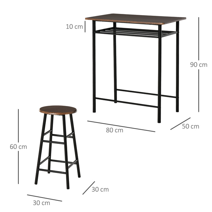 Bar Table and Stools Combo - Industrial Style Set with Storage Shelf and Metal Frame Footrest - Perfect for Kitchen, Dining Room, Pub, or Cafe Spaces in Black and Oak