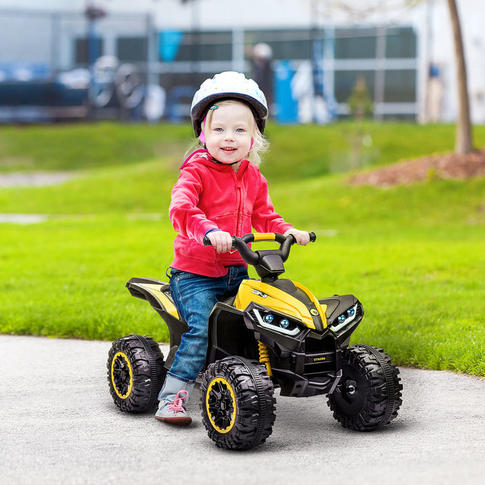 12V Quad Bike ATV Ride-On Toy with Multiple Speeds and Slow Start - Forward/Reverse, Suspension, Horn, Music Features in Vibrant Yellow - Perfect Outdoor Fun for Kids