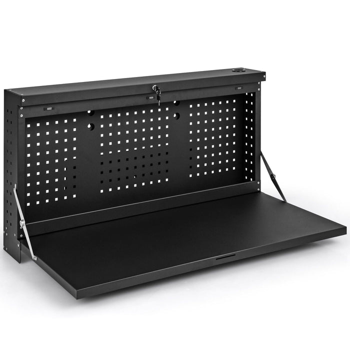 Wall-Mounted Workbench - Folding Design with Integrated Pegboard, Black Finish - Ideal for Home Garages and Workshops, Space Saving Solution