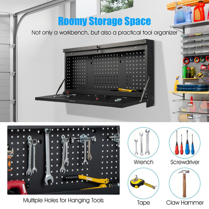 Wall-Mounted Workbench - Folding Design with Integrated Pegboard, Black Finish - Ideal for Home Garages and Workshops, Space Saving Solution