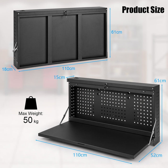 Wall-Mounted Workbench - Folding Design with Integrated Pegboard, Black Finish - Ideal for Home Garages and Workshops, Space Saving Solution