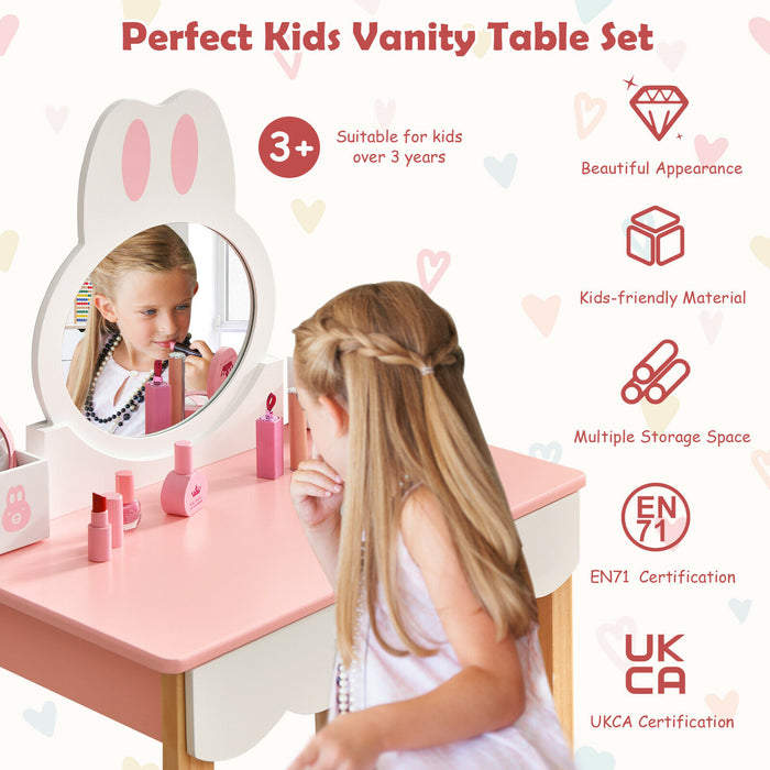 Kids Vanity Table and Chair Set - Pretend Play Furniture with Mirror and Drawers, Pink - Ideal for Imaginative Playtime