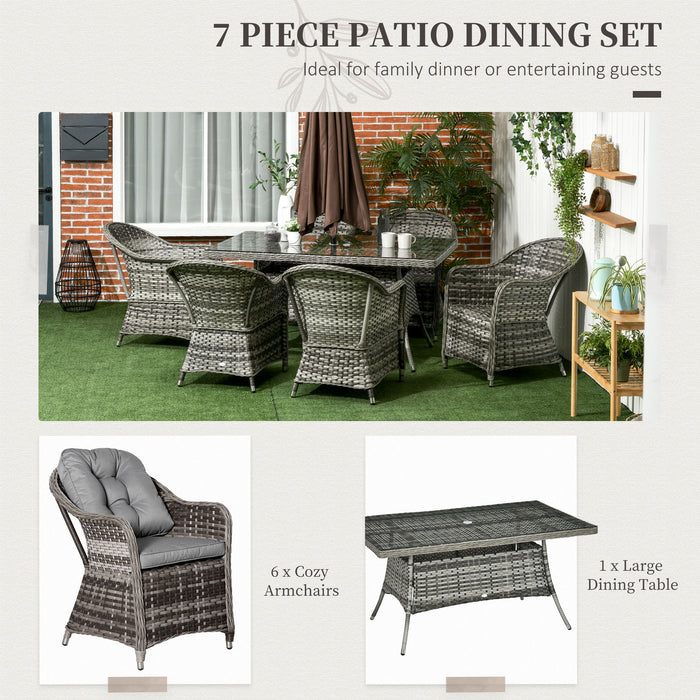 7-Piece PE Rattan Dining Set - Outdoor Patio Wicker Furniture with Tempered Glass Table Top & Umbrella Hole - Includes Cushions, Ideal for Al Fresco Dining & Entertaining in Grey