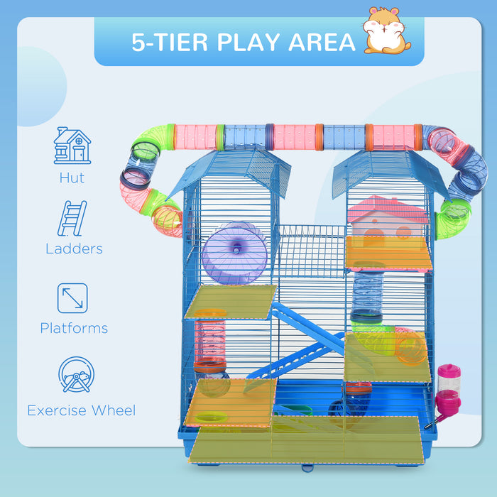 5-Tier Hamster Cage with Accessories - Exercise Wheels, Tunnel Tube, Water Bottle, Feeding Dishes, and Ladder Habitat - Perfect for Dwarf Mice and Small Rodents, Blue