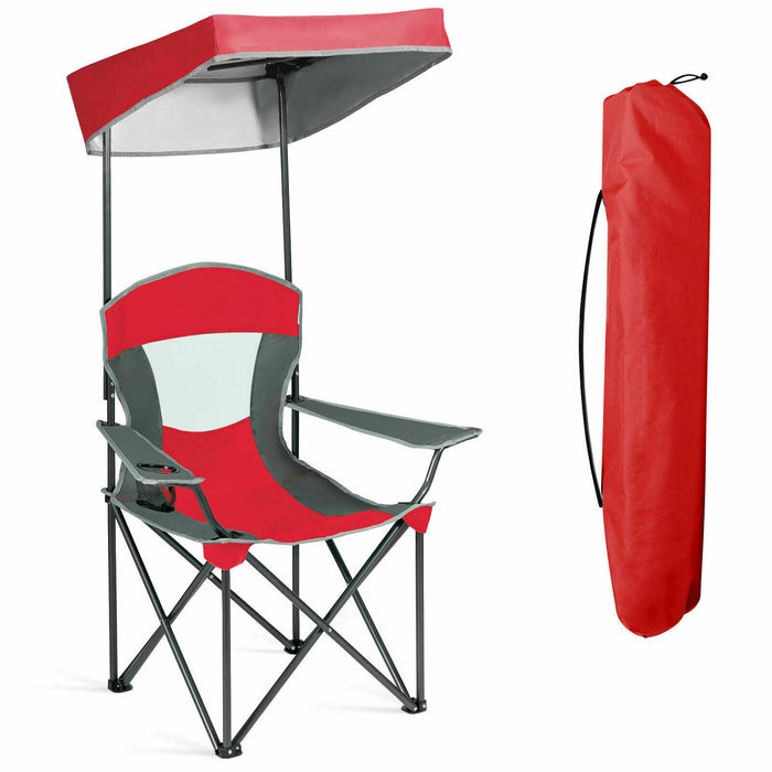 Portable Outdoor Seating Solution - Foldable Camping Chair with Sunshade Canopy and Beverage Holder in Blue - Ideal for Campers, Outdoor Enthusiasts, and Beach Goers