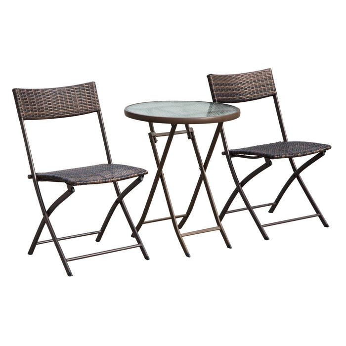 Rattan Bistro Set - 2-Seater Folding Chair & Glass Topped Coffee Table for Patio and Balcony - Wicker Garden Furniture Set in Brown