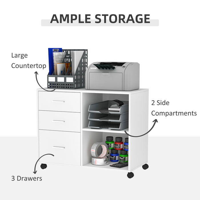 Mobile Printer Stand with Storage - Freestanding Office Desk Side Unit on Wheels with 3 Drawers and 2 Open Shelves, 80x40x65cm - Sleek Modern Design in White for Workspace Organization