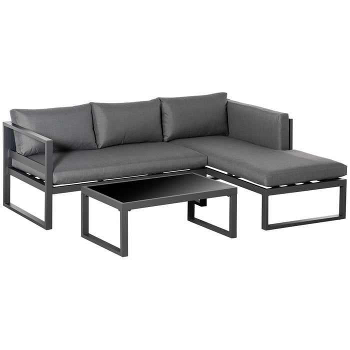 L-Shaped 3-Seater Garden Sofa Set with Cushions - Outdoor Sectional Conversation Furniture with Glass-Top Coffee Table - Perfect for Patio & Deck Entertaining
