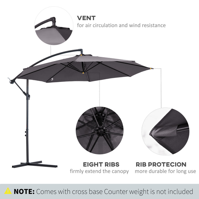 Banana Cantilever Garden Umbrella with Crank Handle - 3M Sunshade, 8-Rib Structure, Grey, Includes Cross Base - Ideal for Outdoor Relaxation and UV Protection