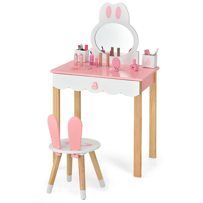 Kids Vanity Table and Chair Set - Pretend Play Furniture with Mirror and Drawers, Pink - Ideal for Imaginative Playtime