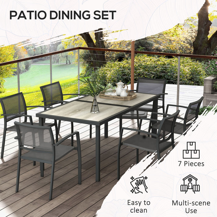 7-Piece Garden Dining Set with Stackable Chairs - Breathable Mesh Seating, Plastic Top Table for 6, Space-Saving Design - Ideal for Outdoor Patio and Poolside Use