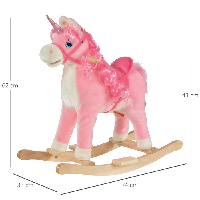 Plush Unicorn Rocking Horse - Soft Pink Ride-On Toy with Sound Effects - Entertaining and Soothing Play for Children