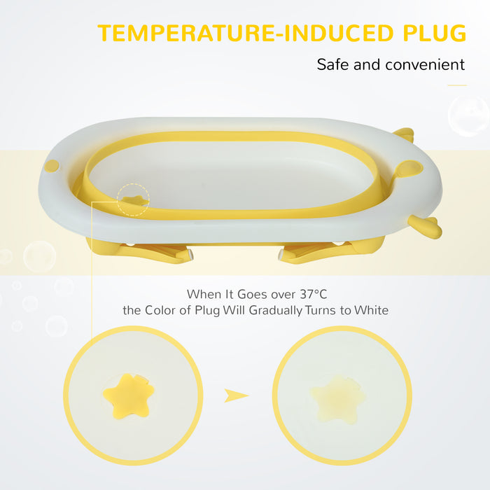 Foldable Ergonomic Baby Bath Tub with Cushion - Temperature-Sensitive Plug, Non-Slip Legs, Portable Design - Ideal for Infants 0-3 Years, Sunny Yellow