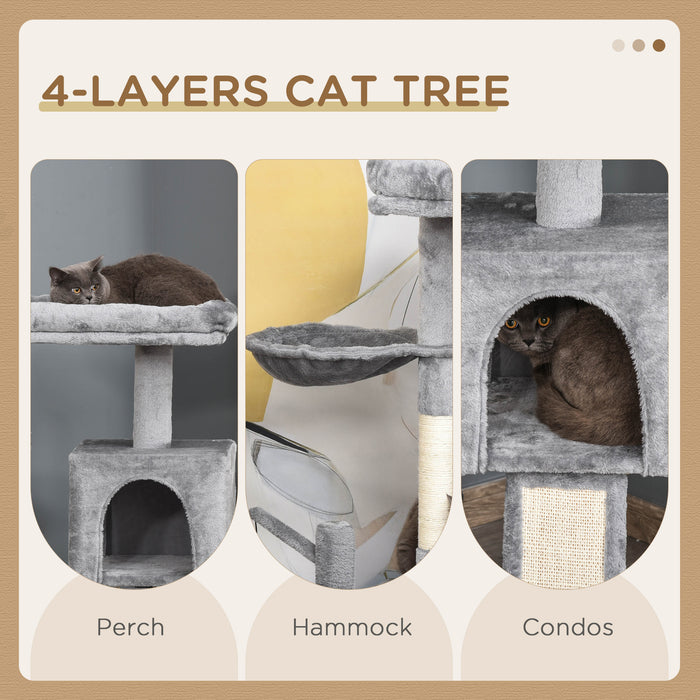 Cat Tree Tower - 111cm Kitten Activity Centre with Sisal Scratching Posts, Perches, Hanging Ball, Hammock & Condo - Ideal for Feline Play & Relaxation